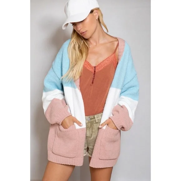 POL Blue & Pink Chenille Button Down Relaxed Fit Cardigan - Picture 3 of 8